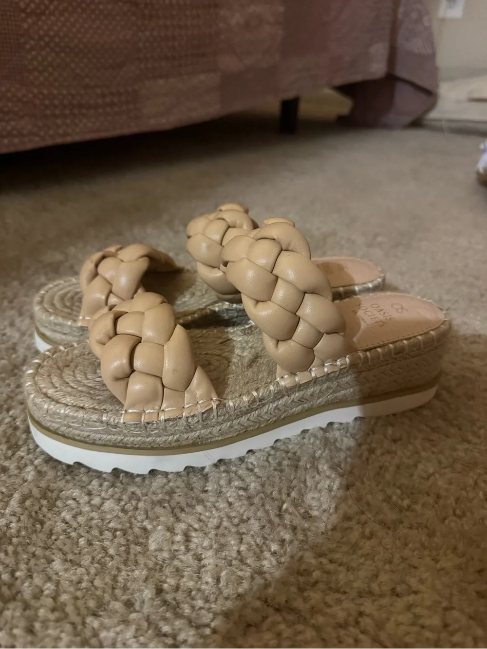 Braided Double-Strap Espadrille Slide Sandals in Beige